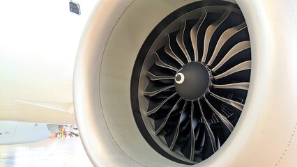 Close-up of an airplane turbofan engine with circular fan blades