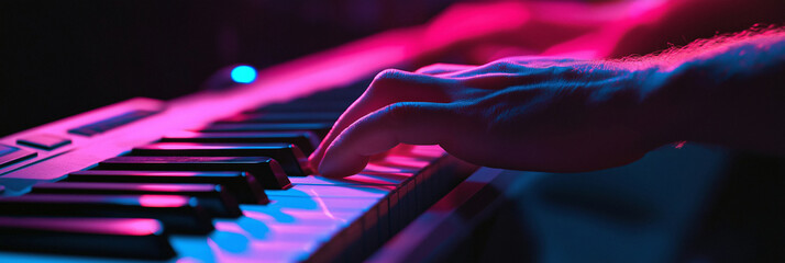 Electronic keyboard player close-up in magenta lighting, music blog banner with dramatic shadows, 3:1 header image for website or digital content, copy space on the left