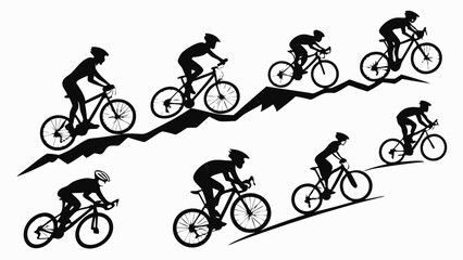 Obraz premium Silhouettes of cyclists riding bicycles on various terrains. Sport, fitness, outdoor recreation, and active healthy lifestyle concept.