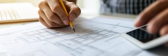 Architect sketching home layout with pencil and tablet, banner for website or architecture blog, warm natural lighting, 3:1 header image with copy space on the left