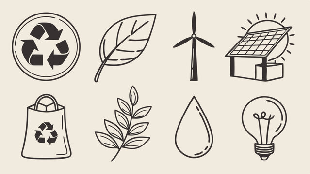 Sustainable eco friendly green energy and recycling icons set. Environmental protection and nature hand drawn symbols.