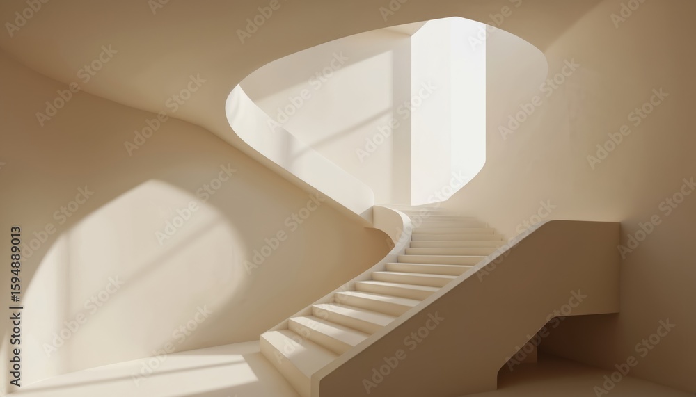 Poster elegant curved staircase in minimalist beige interior. smooth walls, soft flowing lines create calmi