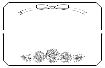 手描き線画のマリーゴールド(キンセンカ)とリボンのイラストとカードフレーム