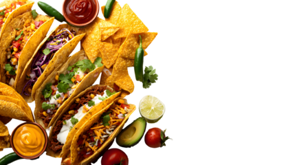 Mexican food with copy space, overhead photo of hot spicy tacos and nachos isolated on a white background