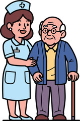 Cartoon Nurse Assisting Elderly Man with Cane Smiling Health Care.