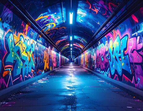 Vibrant graffiti tunnel with colorful murals and glowing lights