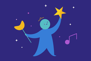 Naklejka premium Moon and stars in a winter night sky cartoon illustration