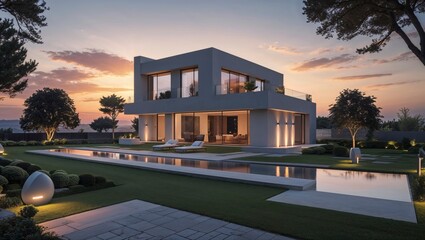 Modern minimalist villa exterior with sleek design features reflecting in the pool water at twilight enhancing high fidelity architectural detail.