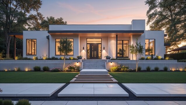 Showcase the minimalist modern house exterior with clean lines and architectural details in high fidelity for sophisticated living experiences.