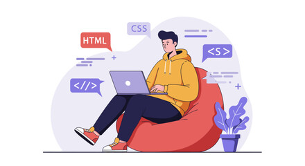 A young man, working on a laptop, sits on a beanbag, surrounded by coding elements.
