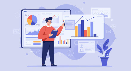 Man analyzing data on a digital dashboard with charts, graphs, and statistics, holding a clipboard and pen, in a modern, illustrated style.