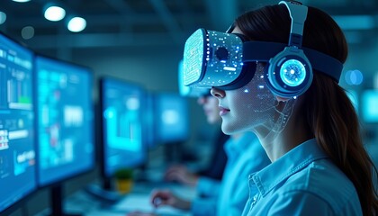 A business consultant interacts with an AI hologram in a high-tech virtual office, showcasing digital transformation and cloud intelligence