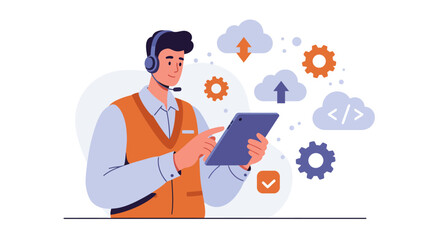 Cartoon illustration of a male customer service representative wearing a headset, using a tablet, with cloud computing and technology symbols floating around him.
