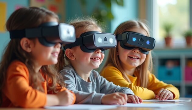 Children interact with an AI tutor using augmented reality devices in a vibrant classroom, highlighting digital education and creativity
