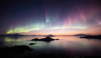 Naklejka premium Cosmic aurora reflection dances over ocean peaks at dusk. Serene mountain landscape meets captivating night sky filled with stars. Mystic, peaceful illumination, ethereal glow, celestial spectacle