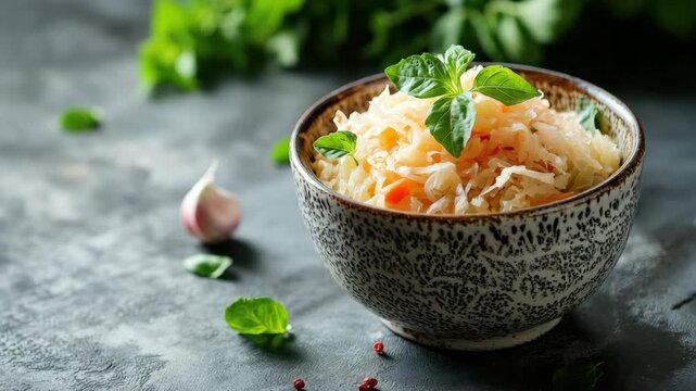 Bowl of fresh sauerkraut garnished with herbs on rustic surface