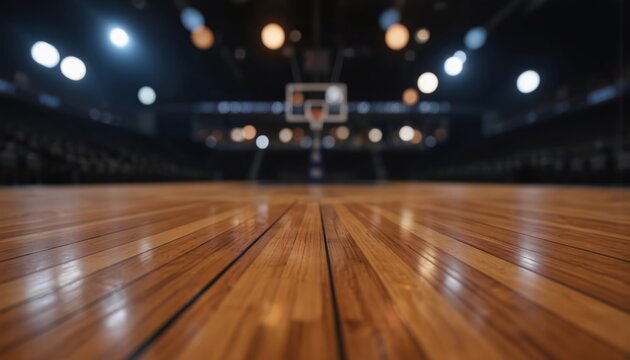 Polished hardwood basketball court floor with soft bokeh lights in an empty arena. The perspective showcases the shiny, reflective parquet surface, ideal for sports game backgrounds.