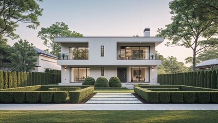 Fototapeta premium Two-story modern house showcases elegant design and neatly trimmed landscaping, a high fidelity vision with enhanced detail and ness.