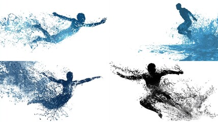 Four dynamic silhouettes of figures in action, seemingly dissolving into blue and gray water splashes, conveying movement and energy