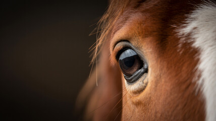 Fototapeta premium Close-Up of Horse Eye with Reflective Shine and White Stripe on Forehead Against Dark Background
