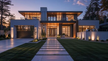 Contemporary luxury house exterior illuminated at dusk showcasing modern architecture with high fidelity details and ened image quality.