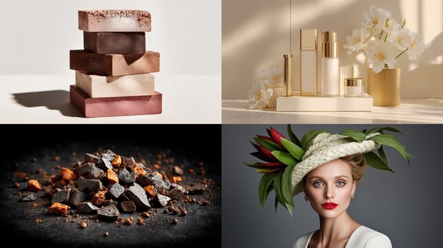 A collage featuring a stack of earthy-toned soaps, luxury skincare products with flowers, raw cacao nibs, and a woman in a floral hat