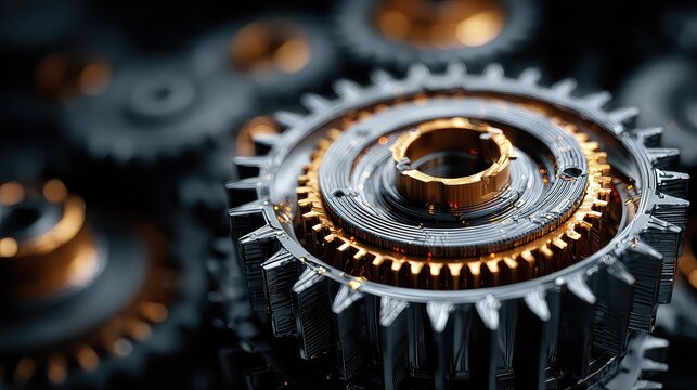 Futuristic gears interlock with precision, representing intelligent manufacturing, digital synchronization, and seamless mechanical engineering in automated production systems.