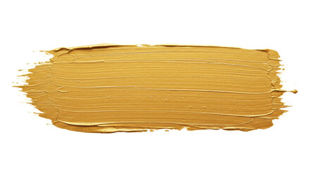 Ultra realistic macro photograph of a single, horizontal, golden brush stroke with deep texture and metallic sheen, isolated on a transparent, plain background with no shadows, under bright studio