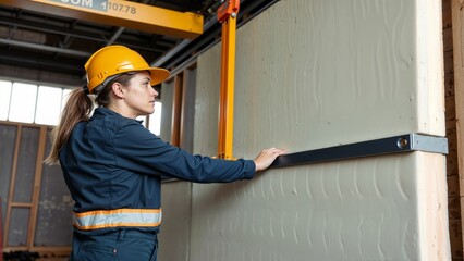 Woman checking wall level. A female construction worker in a hard hat uses a spirit level on an insulated wall, ensuring quality and precision on the job site.
