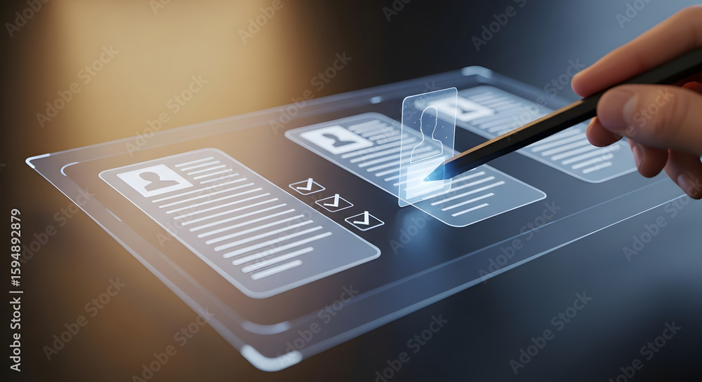 Poster a hand using a stylus to interact with a transparent digital tablet displaying user profiles.