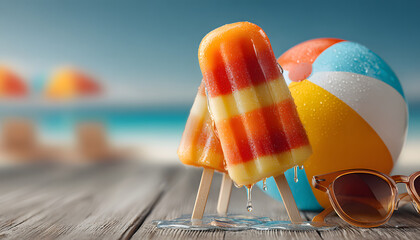 A vibrant summer scene featuring a refreshing popsicle melting in the sun, next to a beach ball and sunglasses, symbolizing carefree summer days , colorful, sun, holiday