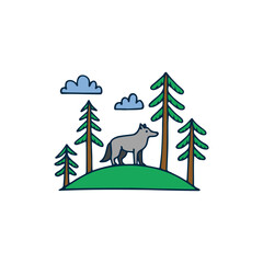 Illustration of wolf on a mound in a pine forest
