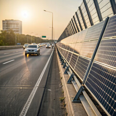 Highway solar farm. Solar panels line a busy highway, generating power at sunset. Sustainable transportation infrastructure.