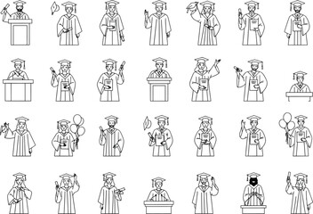 Collection of hand drawn outline figures of people speaking at podiums