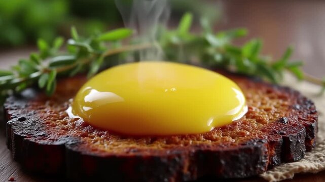 Egg yolk on toasted garlic bread