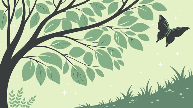 Fototapeta Green tree branches with fresh leaves and a flying butterfly. Peaceful nature background for spring, summer, growth, and beauty.