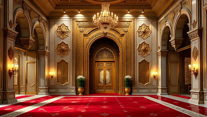 Royal palace lobby wall art, golden arched doors, red velvet carpet, marble columns, grand chandeliers, ornate frame pattern on wall, rich Indian Mughal motifs, antique finish.