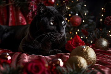 Obraz premium Black Cat with Christmas Decorations