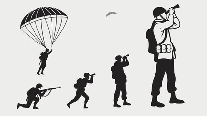 Military soldiers silhouettes set with paratrooper, scout, and sniper. Army men in action with binoculars and rifle.