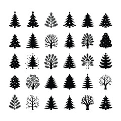 Obraz premium Collection of stylized christmas trees and bare trees in silhouette