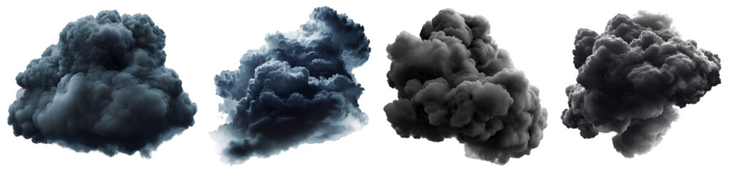 collection of dark smoke clouds and black dust puffs isolated on white background