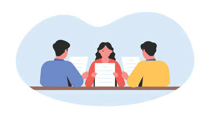 Three people at a desk holding sheets of paper in a light blue and white background design vector
