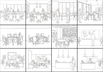 Busy marketplace scene with people and stalls in a detailed line drawing