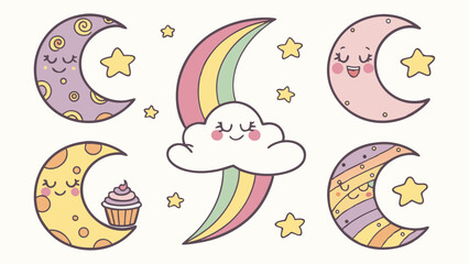 Cute cartoon moons, stars, cloud, rainbow vector illustration set. Kawaii pastel dreamy night sky elements for baby nursery.