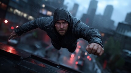 Determined male superhero in hoodie flying through rainy cityscape at night