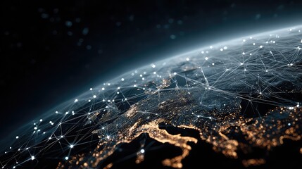 Global digital infrastructure connects blockchain, IoT, and internet-based businesses through Earth-spanning networks, symbolizing future-ready fintech, cloud, and data systems.