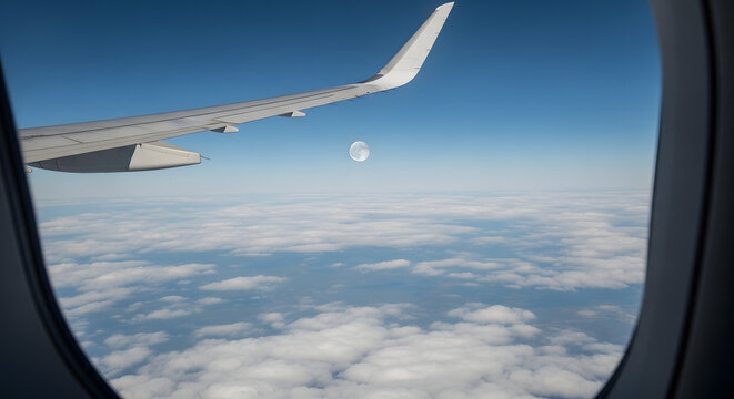 Airplane Wing View of Fluffy Clouds, Blue Sky and Distant Moon