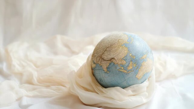 Globe on silky white fabric background, highlighting Asia and Europe map