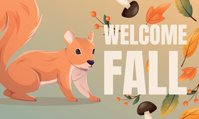 Cartoon vector horizontal banner with cute red squirrel, Welcome Fall text, mushrooms, orange leaves, and rowan berries, cozy autumn illustration for seasonal greeting cards and decor