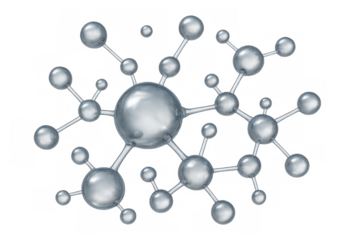 Metallic interconnected spheres forming lattice-like network, representing molecular structure against transparent background